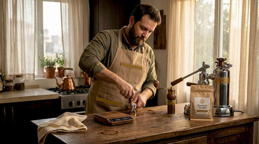 Man preparing espresso at home bar setup