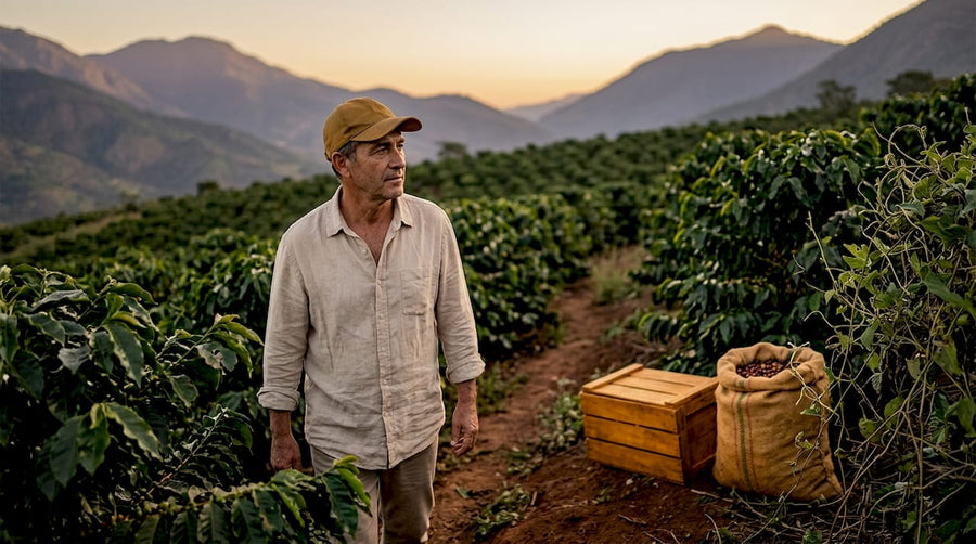 Coffee farmer walking on hillside plantation at sunrise