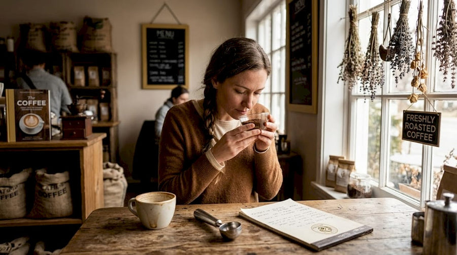 Woman tasting coffee at home kitchen table
