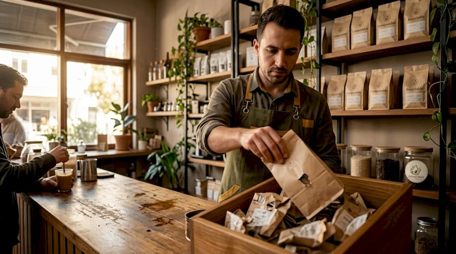 Barista handling used sustainable coffee bags in café