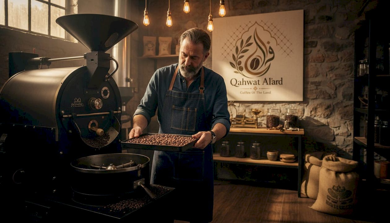 Roaster checking coffee beans in workshop