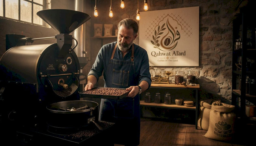 Roaster checking coffee beans in workshop