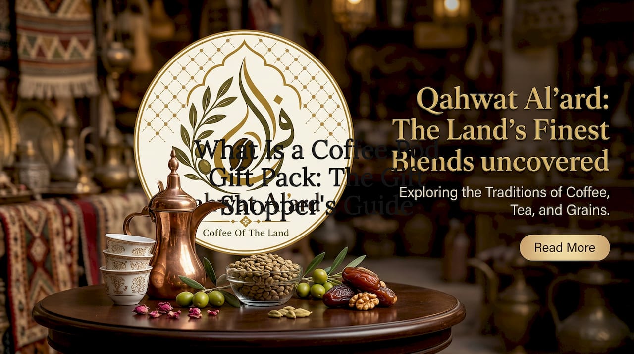 Decorative title card with coffee pods, cup, and botanical elements