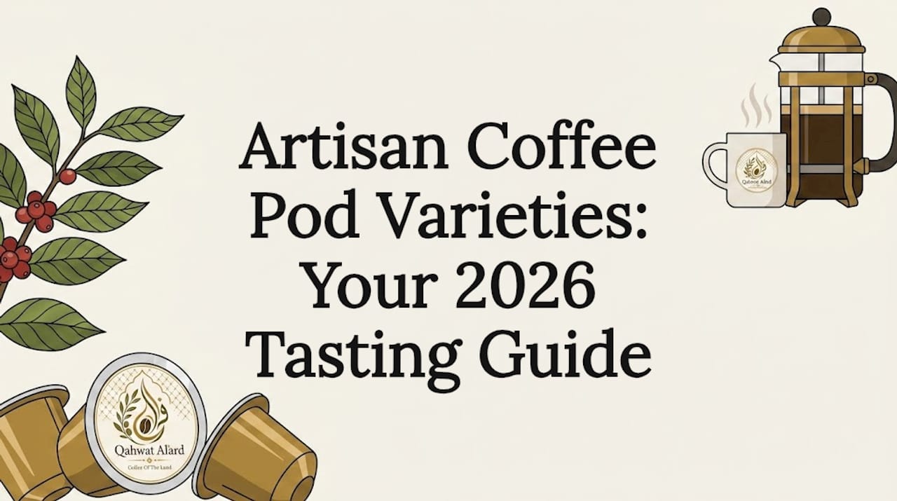 Decorative artisan coffee pod title card illustration