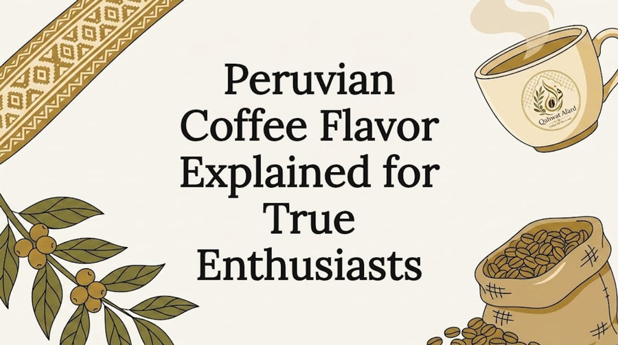 Decorative Peruvian coffee title card with illustrated branch, cup, textile, and beans