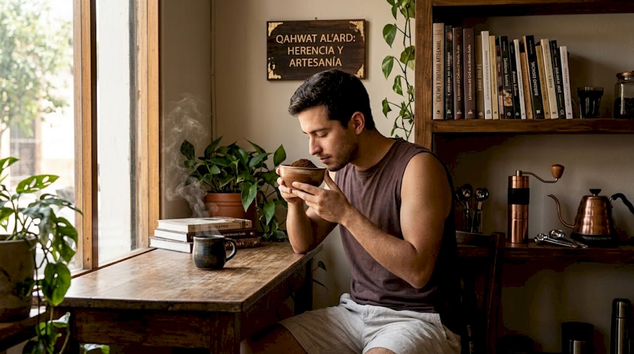 Un hombre disfruta del aroma del café recién molido mientras está sentado a la mesa de la cocina.