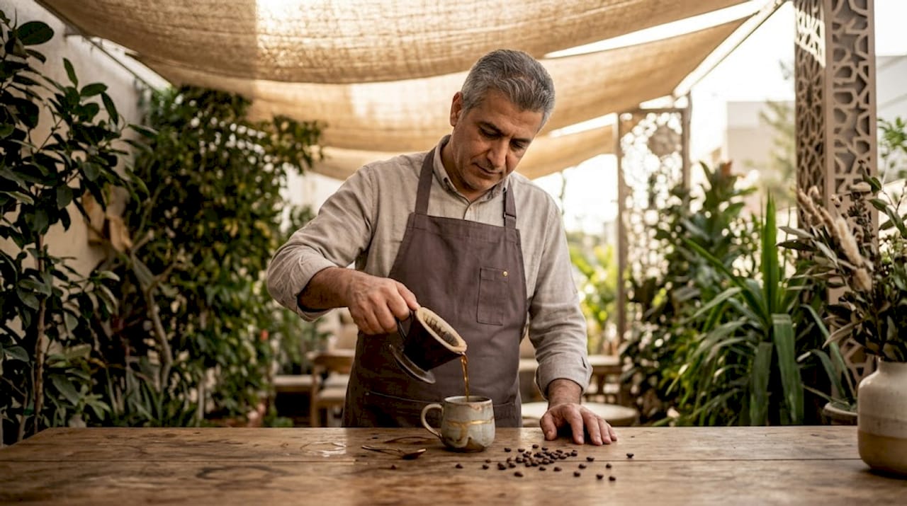 Un barista sirve café de especialidad directamente en la mesa de los clientes.