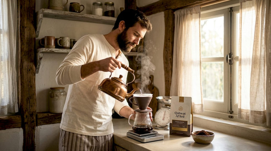 Hombre preparando café de filtro manual en casa por la mañana.