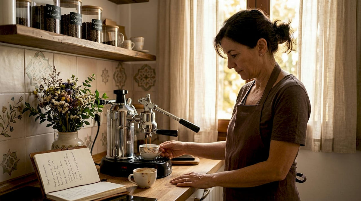 Una mujer prepara café en una cocina bañada por la luz del sol.