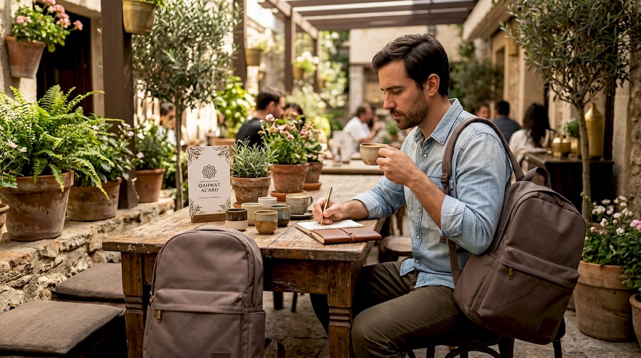 Hombre degustando café y anotando sus impresiones en una cafetería