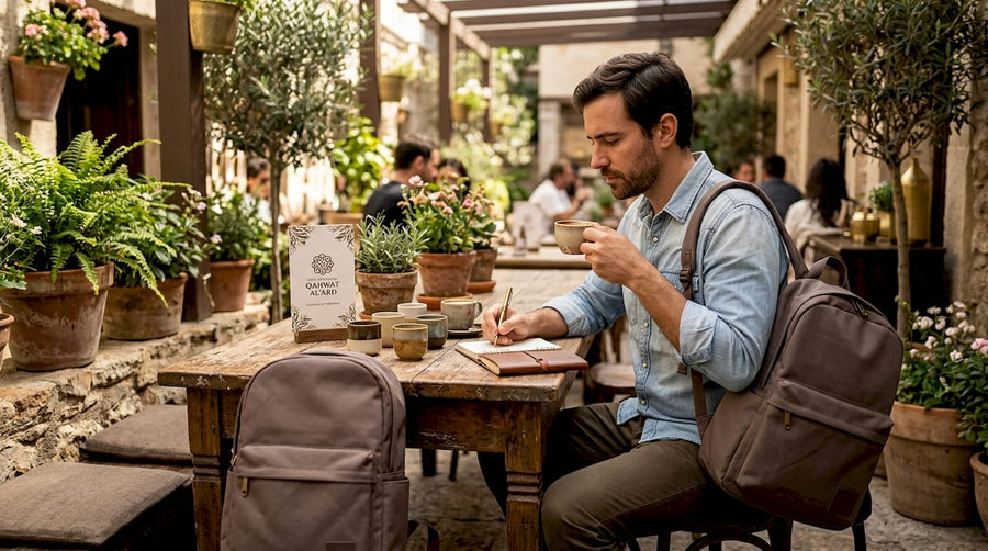Hombre degustando café y anotando sus impresiones en una cafetería