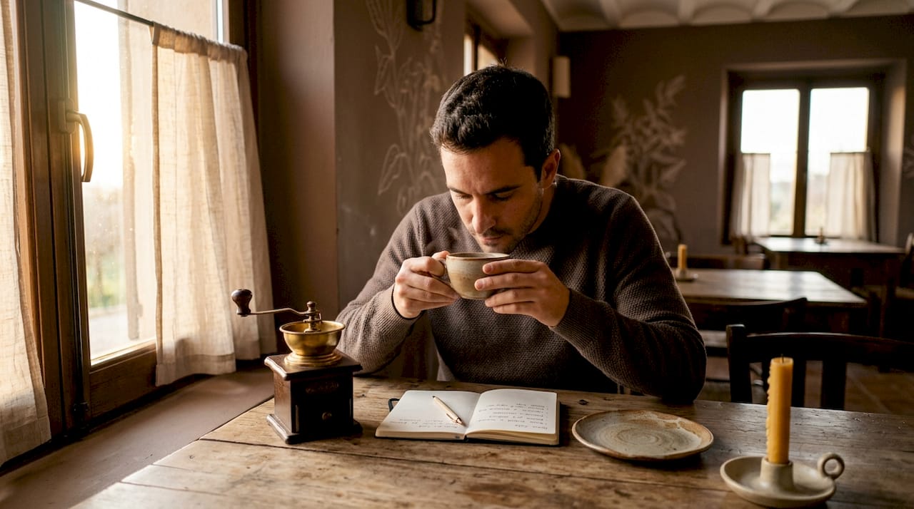 Hombre disfrutando el aroma del café arábica recién hecho en casa.