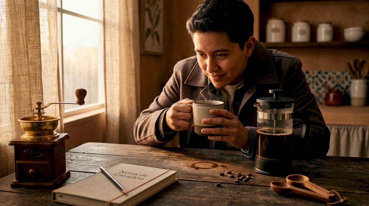 Una persona contempla el aroma del café recién hecho mientras observa la cafetera en la cocina.