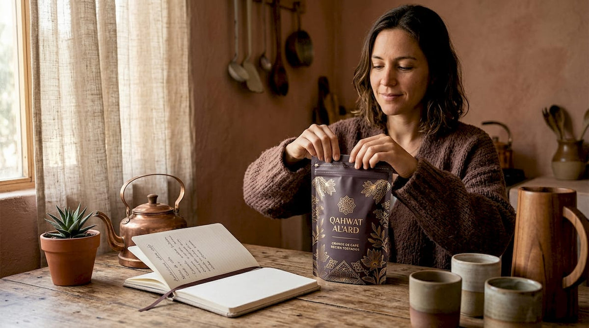 Una mujer abre un paquete de café recién comprado sobre la mesa de la cocina, disfrutando del aroma que se extiende por toda la habitación.
