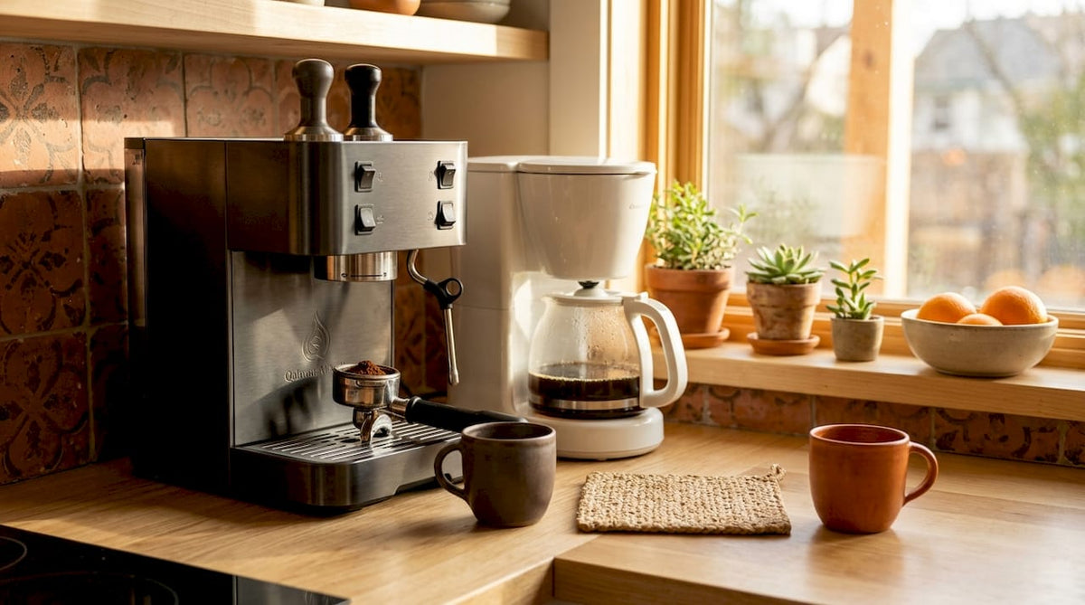 Una cafetera de espresso y una de filtro sobre una encimera de madera.