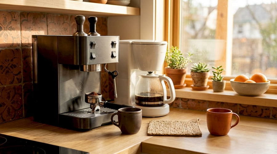 Una cafetera de espresso y una de filtro sobre una encimera de madera.