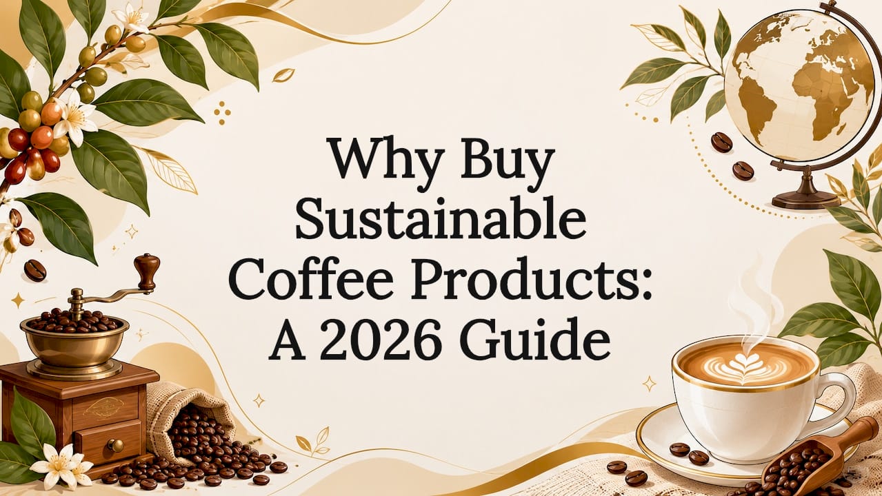 Decorative title card with sustainable coffee elements