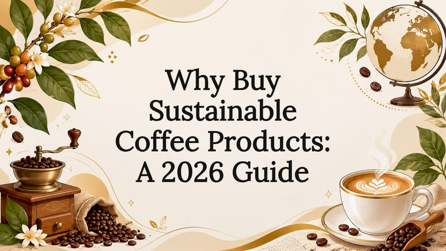Decorative title card with sustainable coffee elements