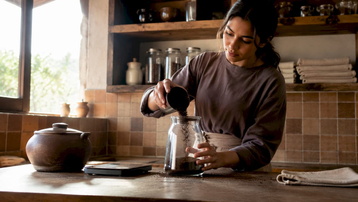 Una mujer elabora café cold brew en una cocina de estilo moderno.