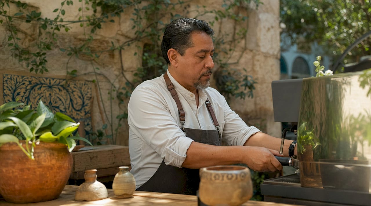 Un barista elaborando un café espresso en una cafetería