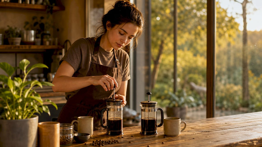 Barista preparando café de origen etíope y colombiano con método de filtrado manual