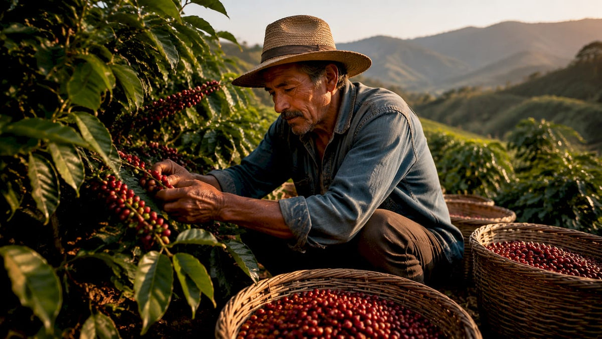 Campesino recolectando granos de café maduros en la ladera de una montaña