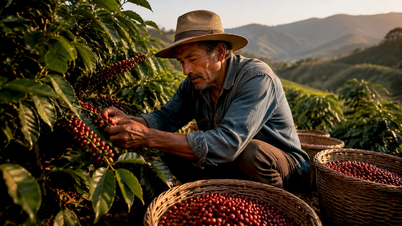 Campesino recolectando granos de café maduros en la ladera de una montaña
