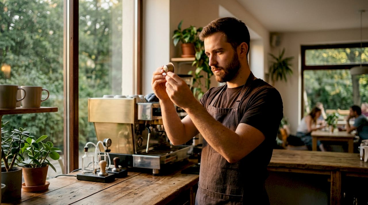 Barista revisando cuidadosamente una cápsula de café de alta calidad