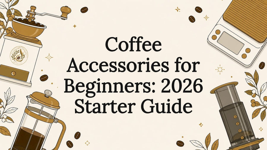 Decorative coffee accessories title card illustration