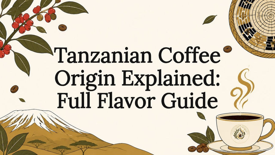Decorative title card illustration with coffee and Tanzanian themes