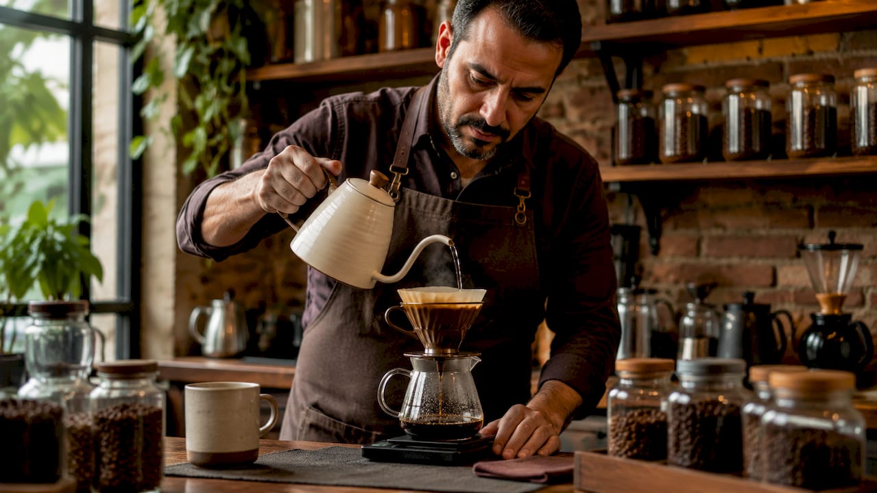 Un hombre disfruta preparando un café de origen exclusivo en una cocina con encanto rural.