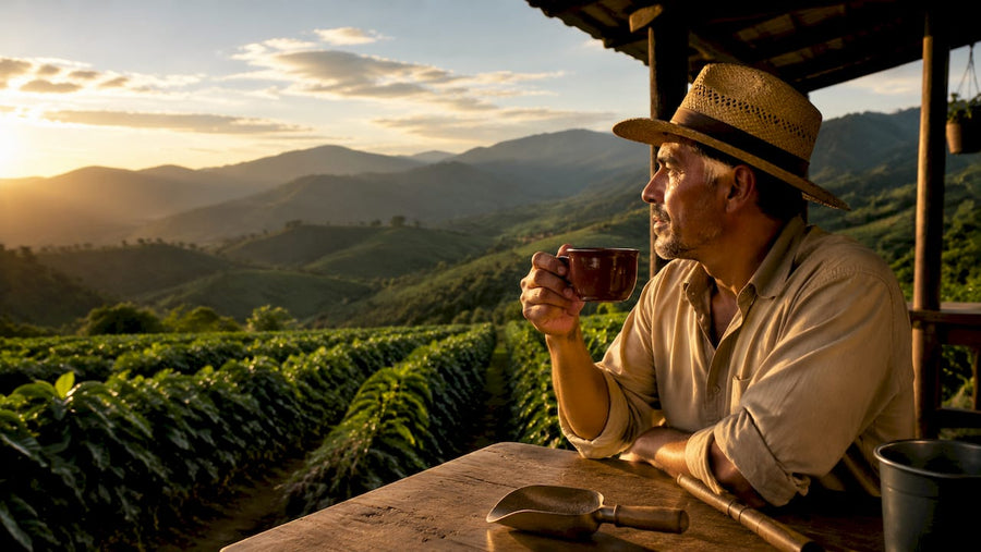Un hombre disfruta de una taza de café recién hecho mientras amanece en su finca cafetera.