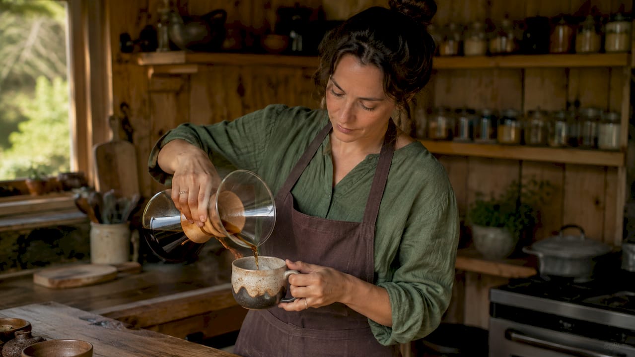Un barista prepara una taza de café arábica en una acogedora cafetería de estilo rústico.