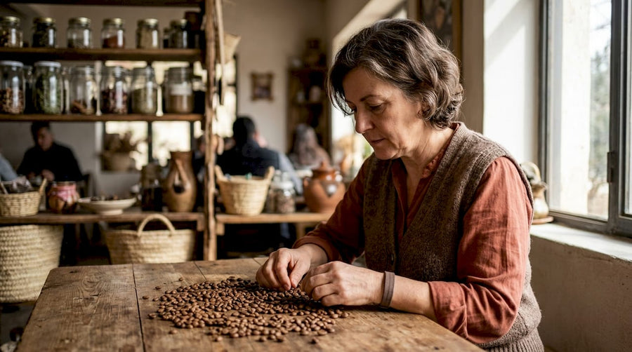 El encargado de la cooperativa revisa cuidadosamente los granos de café recién tostados.