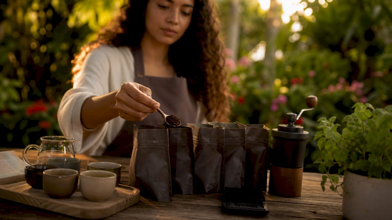 Alguien preparando distintas muestras de café en la cocina