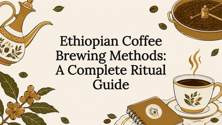 Decorative title card with Ethiopian coffee brewing illustrations