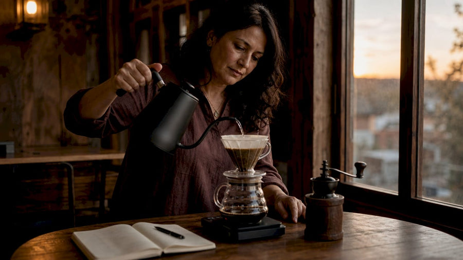 Una mujer prepara café con el método de filtrado manual en la cocina.