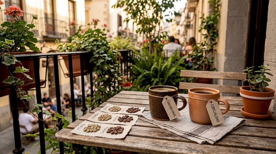 Dos tazas de café recién hecho y algunos granos esparcidos sobre la mesa