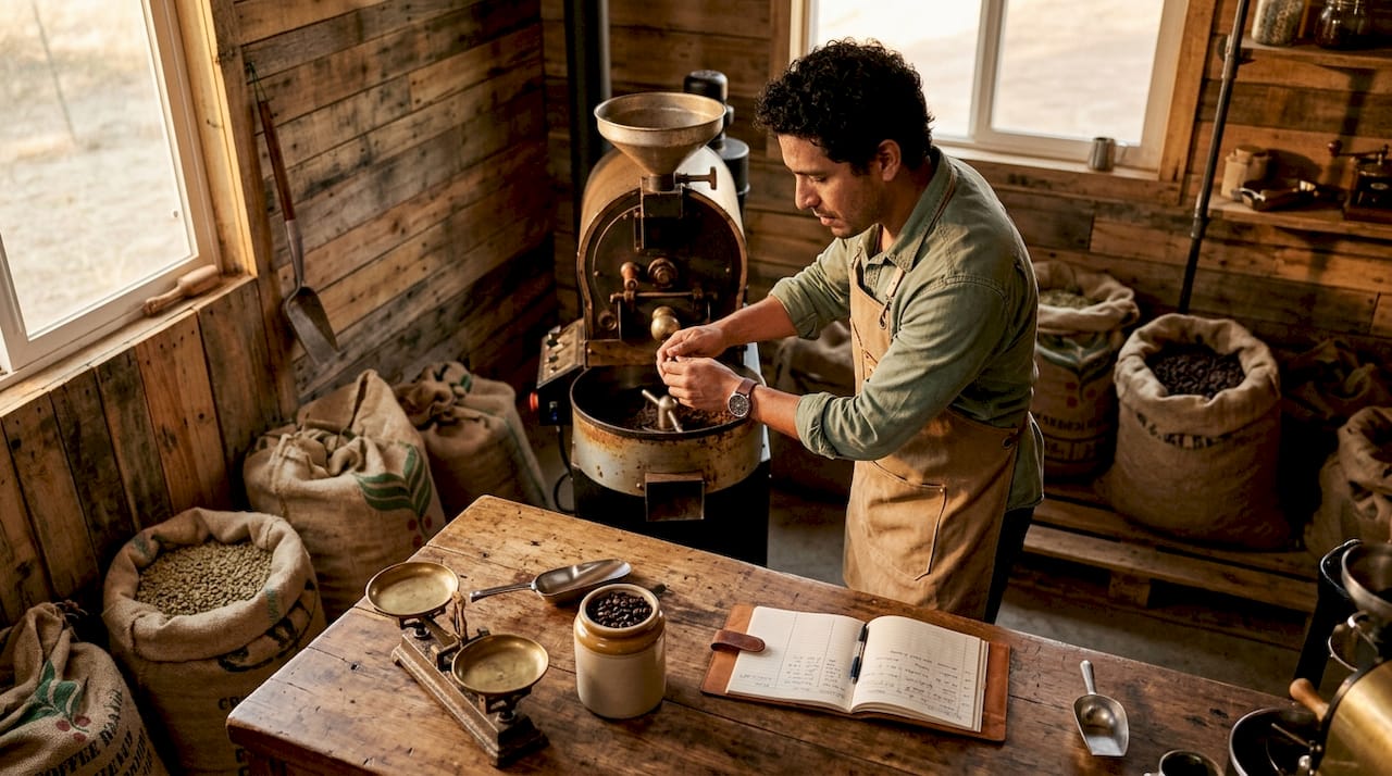 Barista preparando la tostadora para café de especialidad