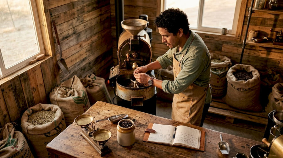 Barista preparando la tostadora para café de especialidad
