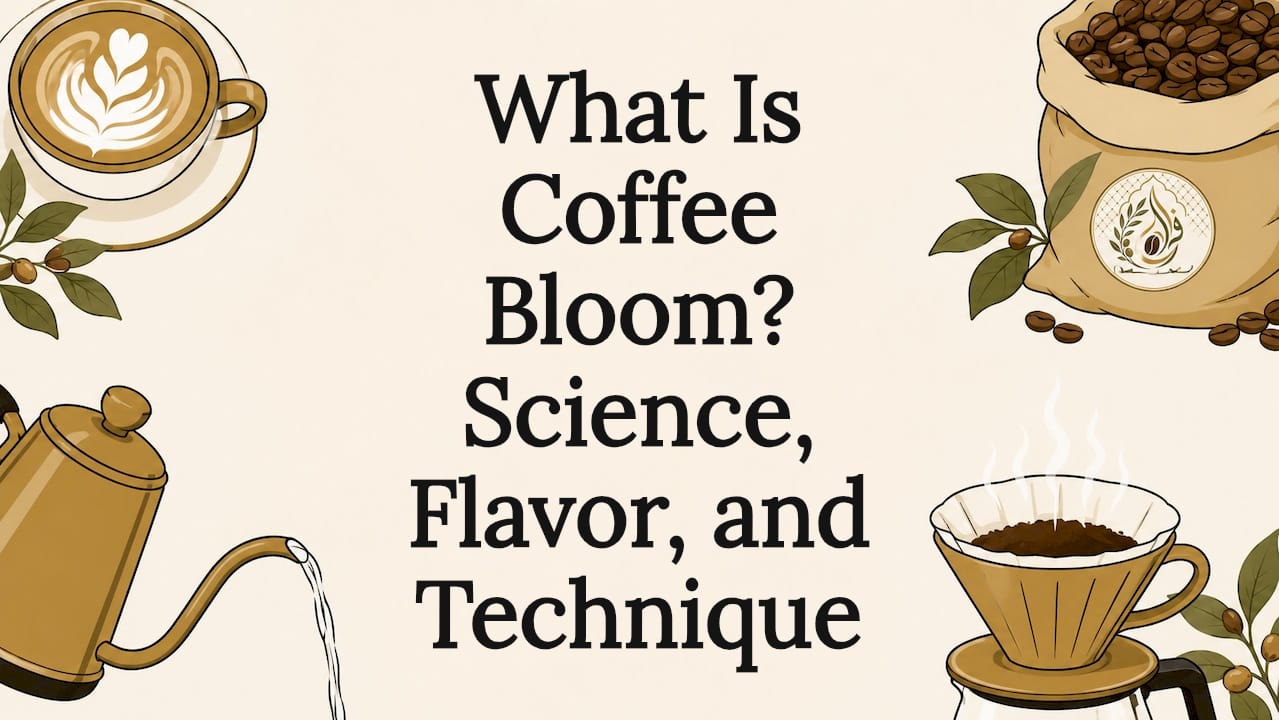 Decorative title card illustration with coffee elements