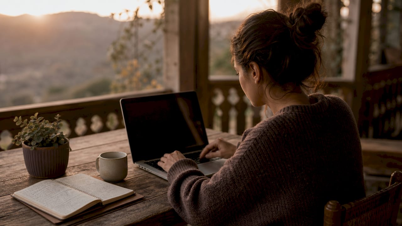Una mujer sentada en la mesa de su cocina, explorando páginas web de cafés especiales y buscando nuevas opciones para disfrutar en casa.