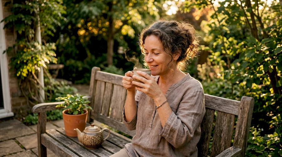 Una mujer disfruta de su café premium por la mañana en la comodidad de su hogar.