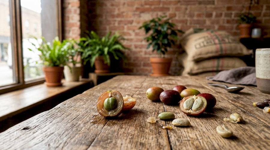 Grano de café peaberry partido, mostrando su forma redondeada