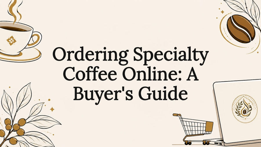Decorative title card with coffee and online shopping icons