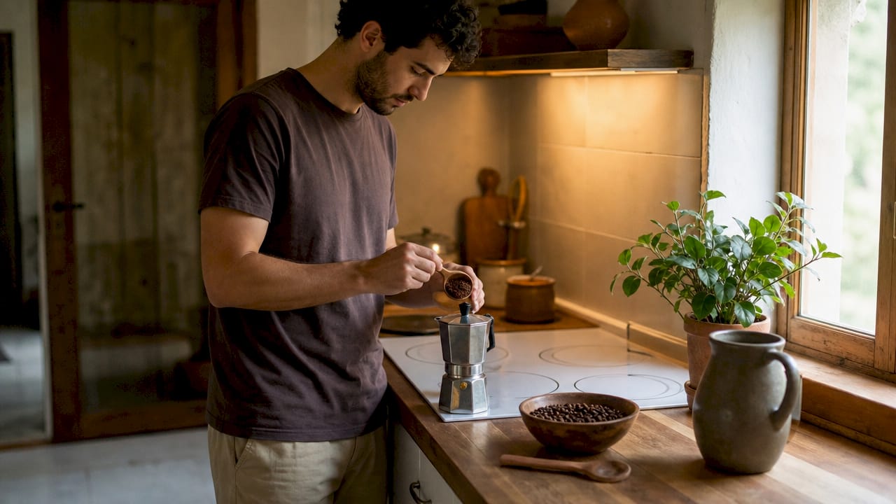 Un hombre prensa el café molido en la cafetera espresso para preparar su bebida.