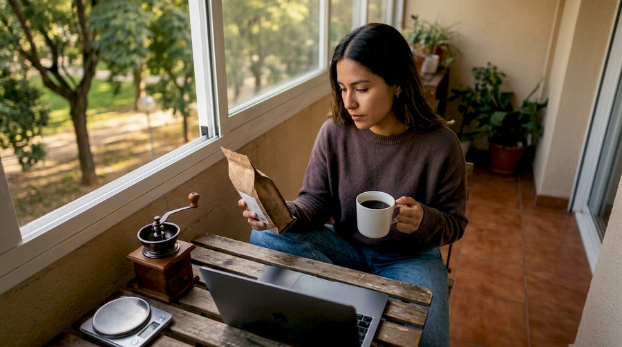 Una chica joven hace su pedido de café por internet desde la comodidad de su casa.