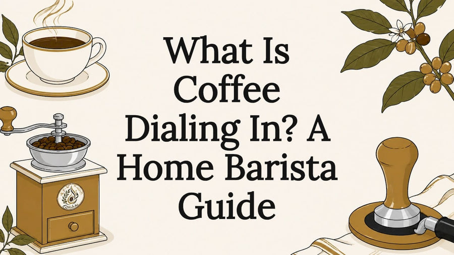 Decorative coffee brewing themed title card illustration
