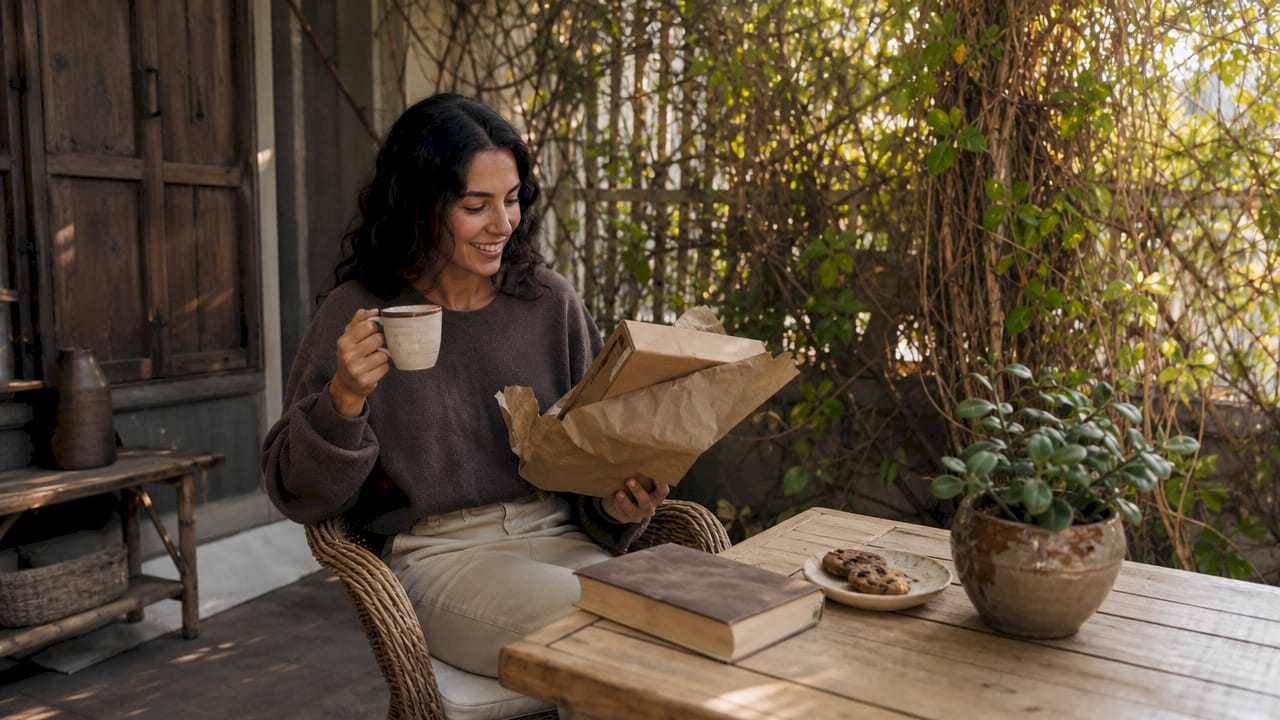 Una mujer disfruta de sus artículos de café mientras está en casa, rodeada de un ambiente acogedor.