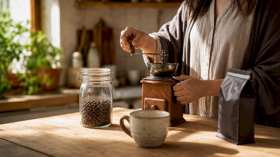 Una mujer prepara café recién molido en la calidez de su cocina, disfrutando del aroma que llena el ambiente.